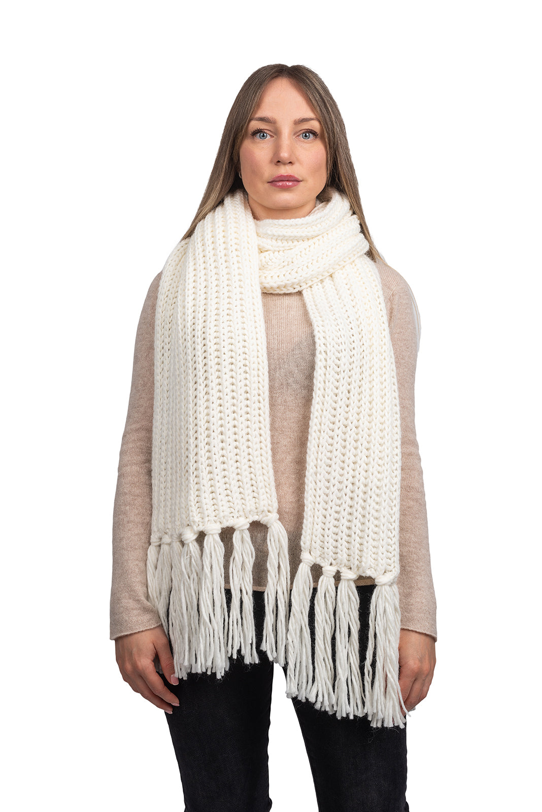 White Fisherman's Rib Scarf with Fringe