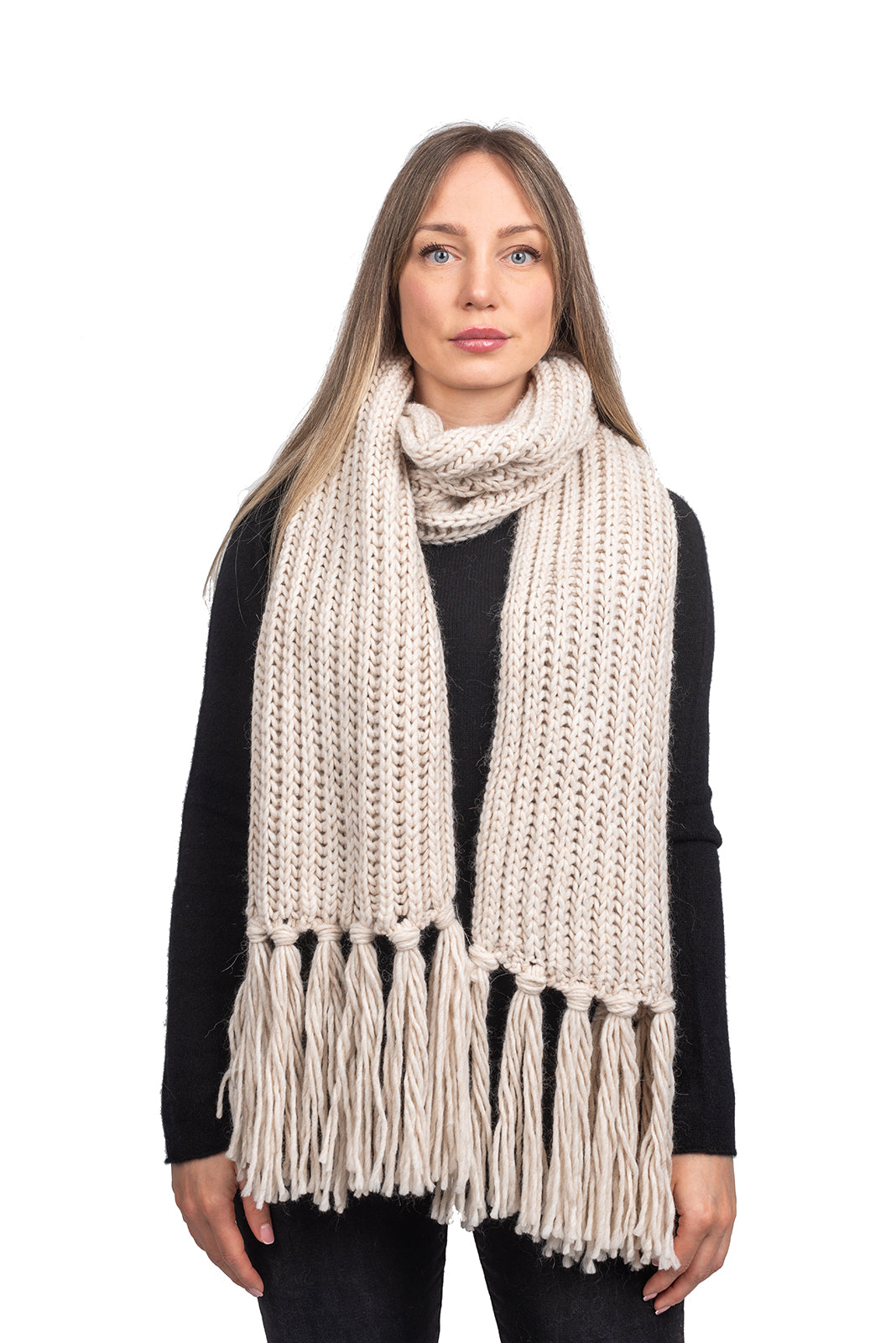 Beige Fisherman's Rib Scarf with Fringe