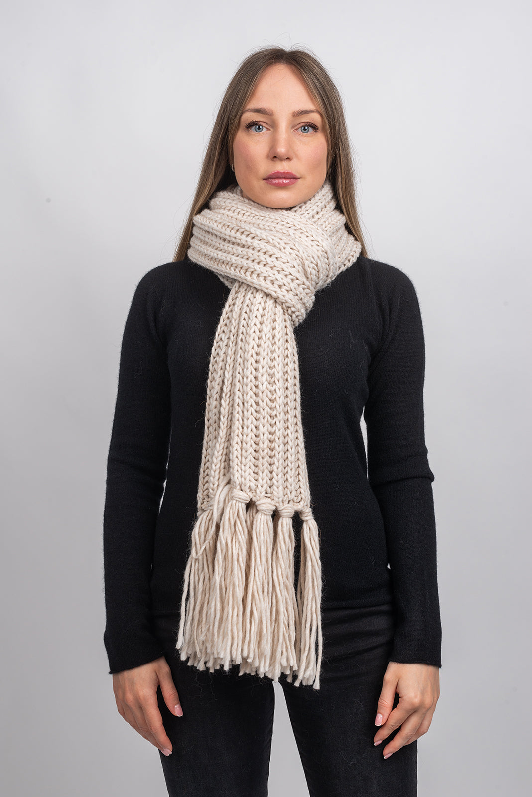 Beige Fisherman's Rib Scarf with Fringe, view 2