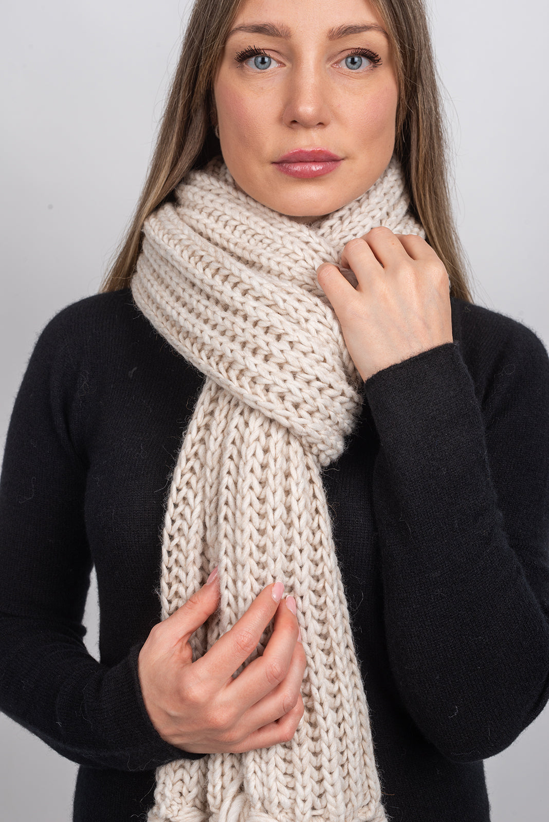 Beige Fisherman's Rib Scarf with Fringe, view 3