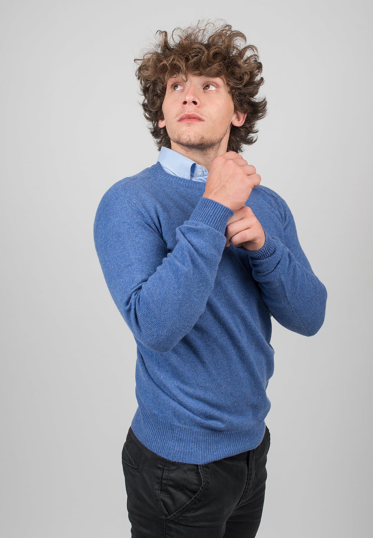 Light Blue Men's Recycled Cashmere Blend Crewneck, view 3
