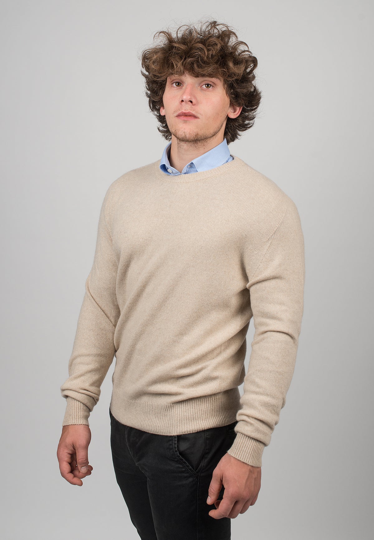 Beige Men's Recycled Cashmere Blend Crewneck, view 2