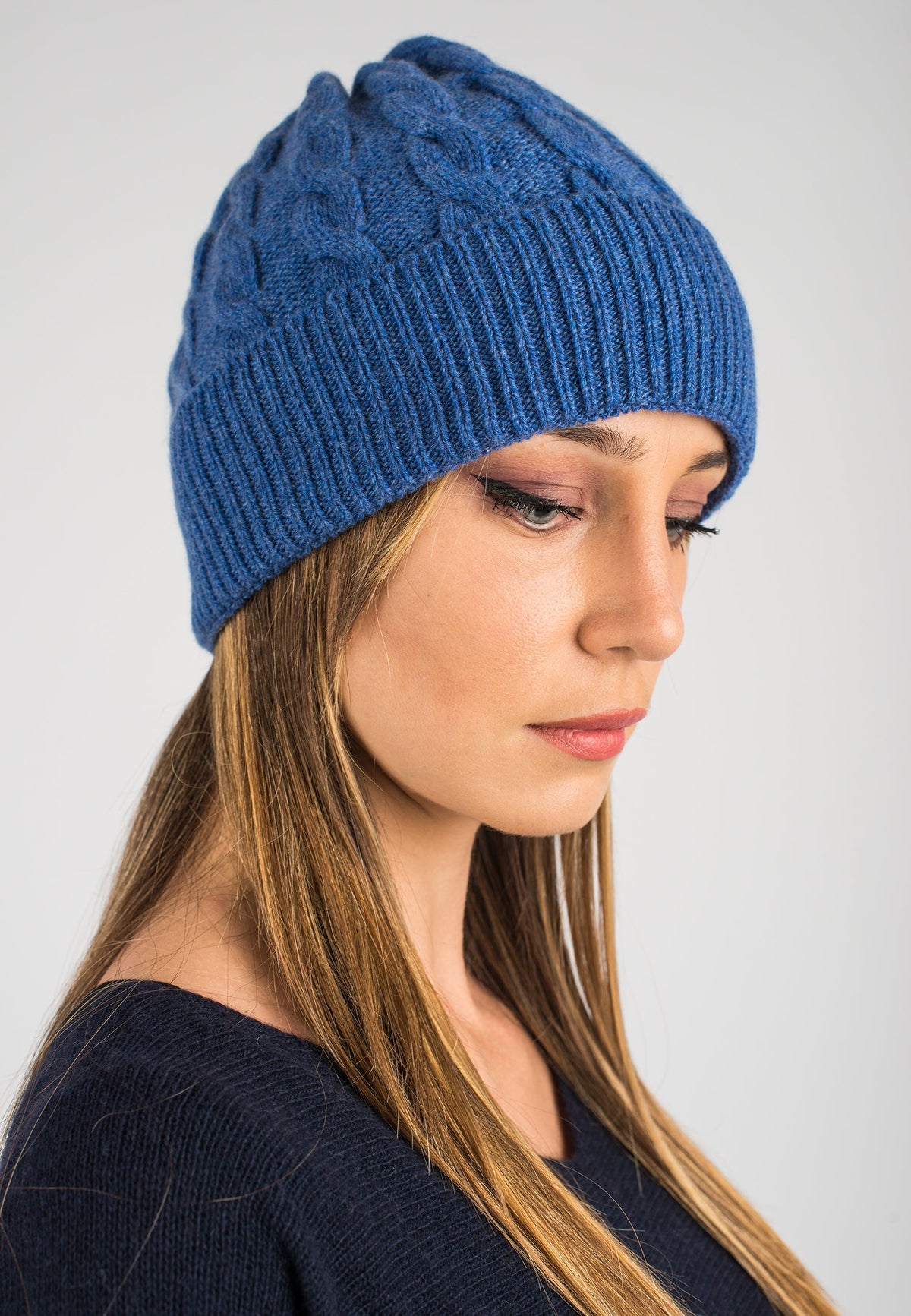 Light Blue Cable-Knit Recycled Cashmere Blend Beanie, view 2