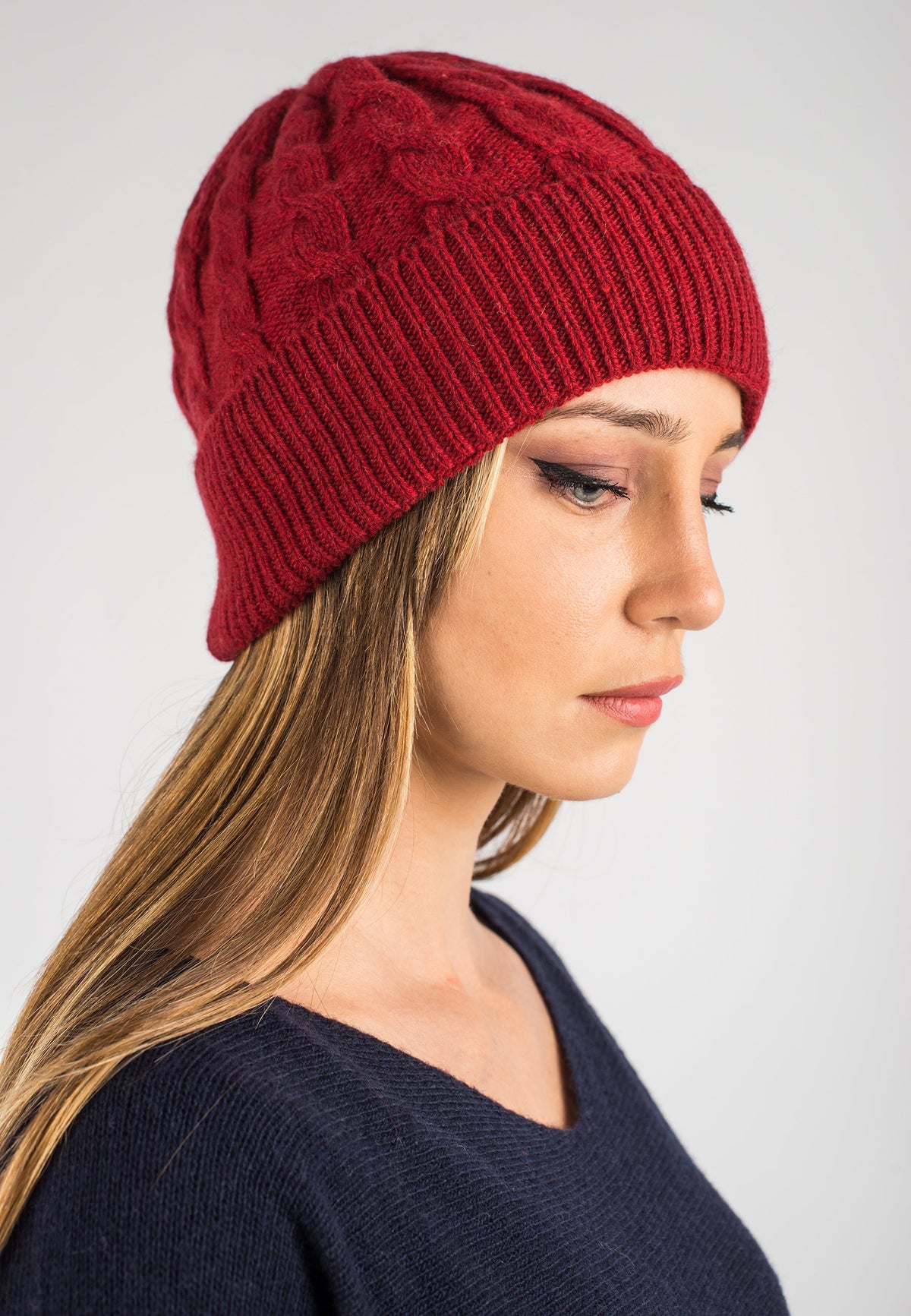 Red Cable-Knit Recycled Cashmere Blend Beanie, view 2
