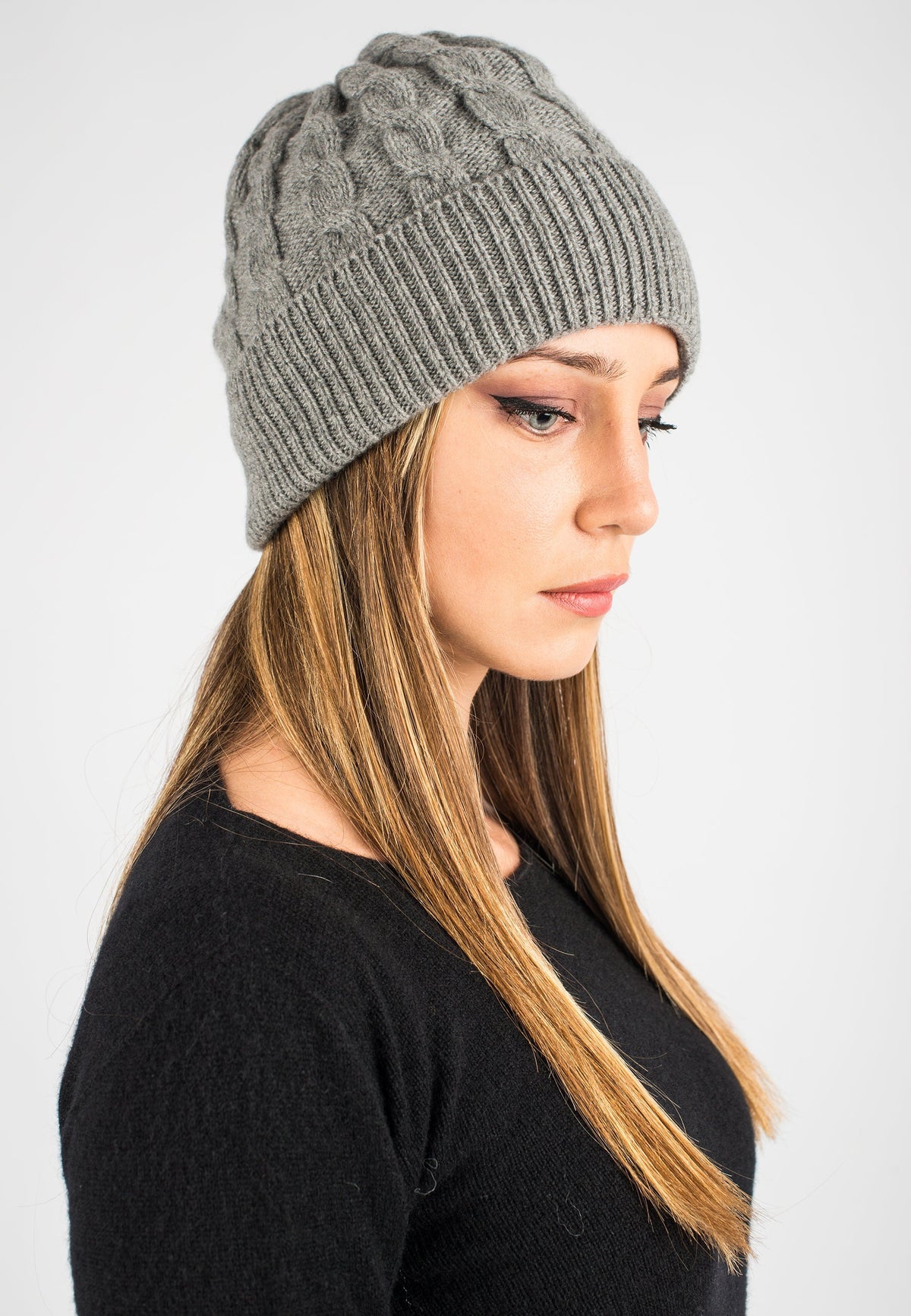 Gray Cable-Knit Recycled Cashmere Blend Beanie, view 2