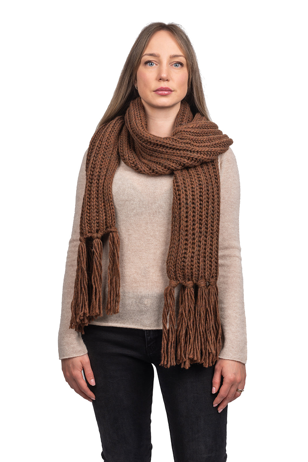 Mocha Fisherman's Rib Scarf with Fringe