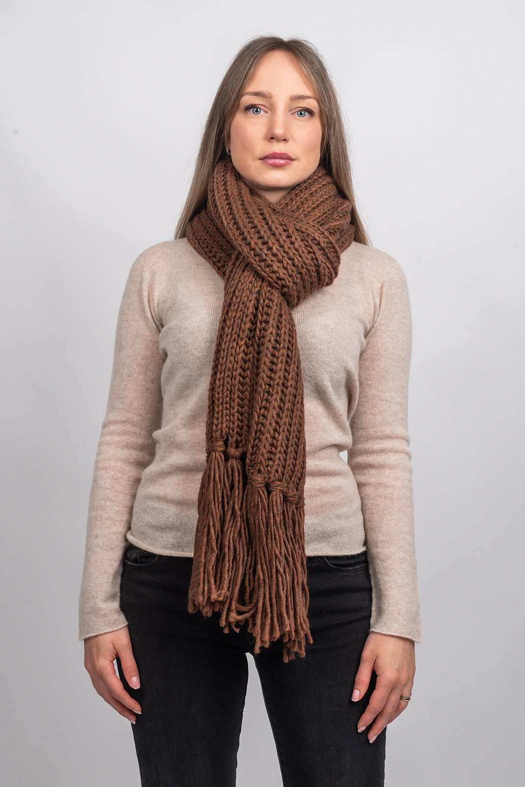 Mocha Fisherman's Rib Scarf with Fringe, view 2