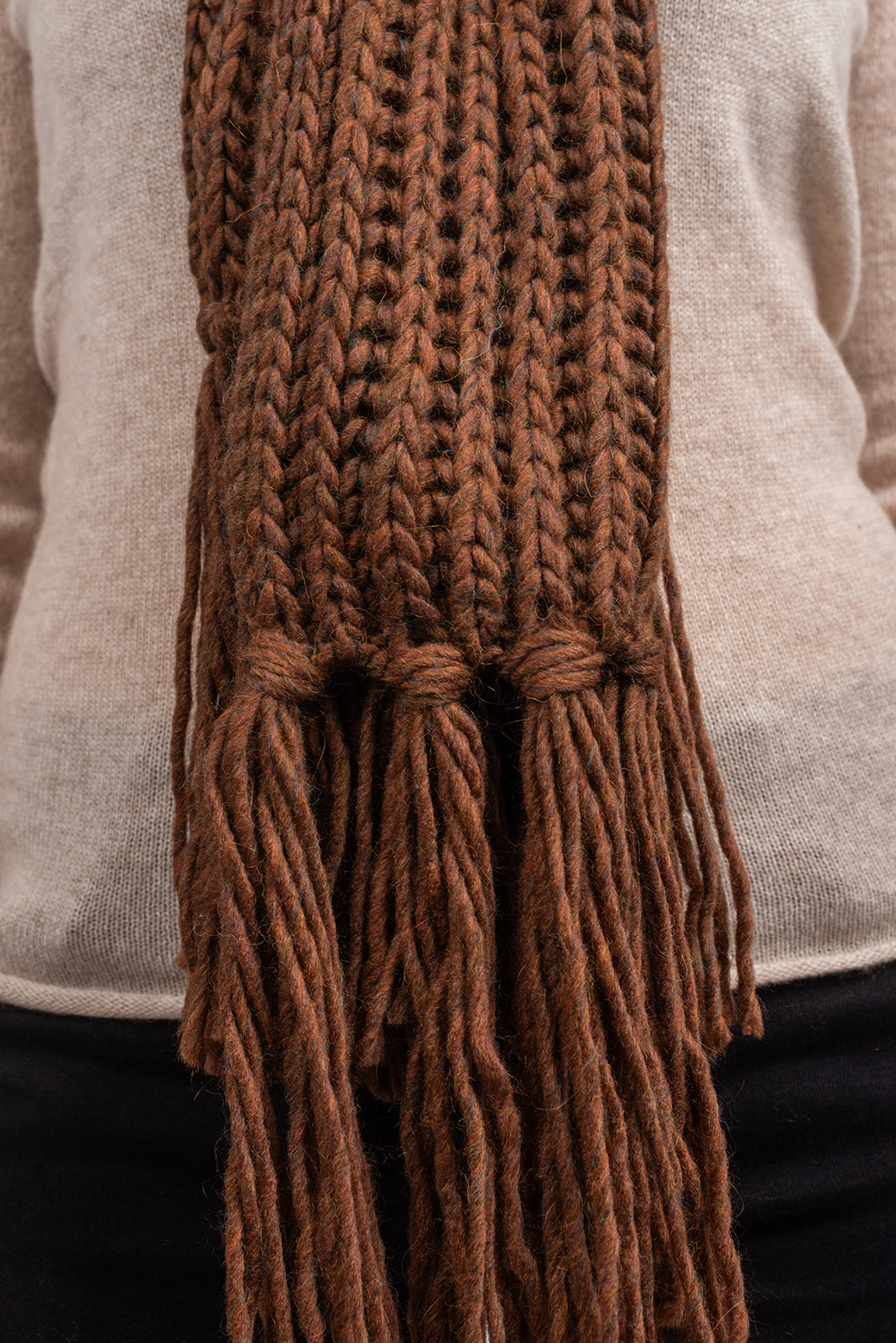 Mocha Fisherman's Rib Scarf with Fringe, view 4