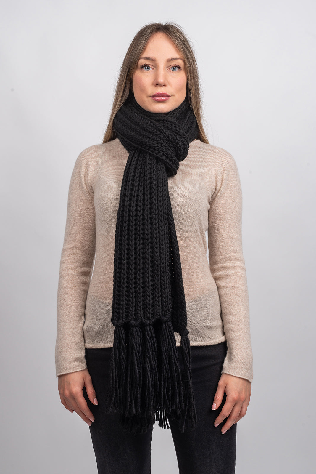 Black Fisherman's Rib Scarf with Fringe, view 2