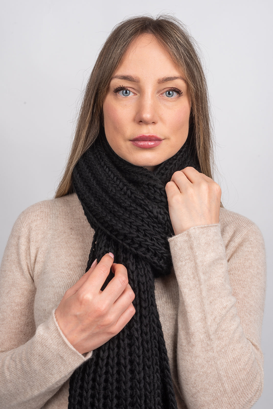 Black Fisherman's Rib Scarf with Fringe, view 3