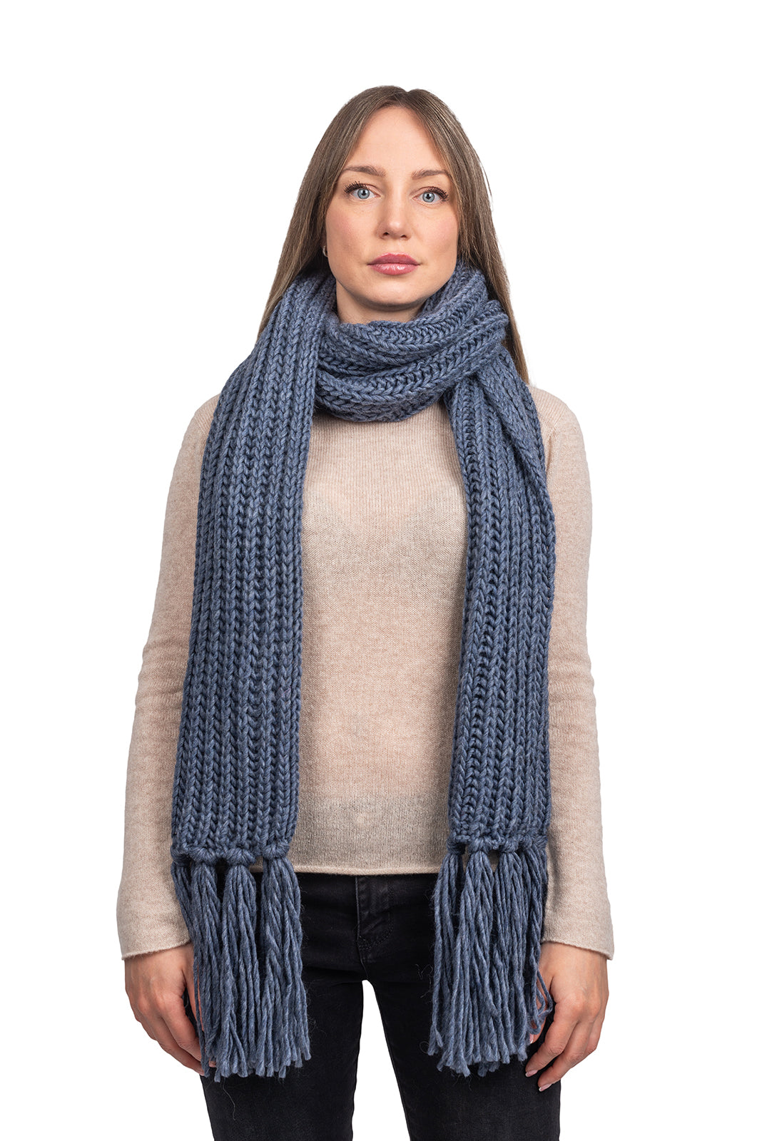 Denim Fisherman's Rib Scarf with Fringe