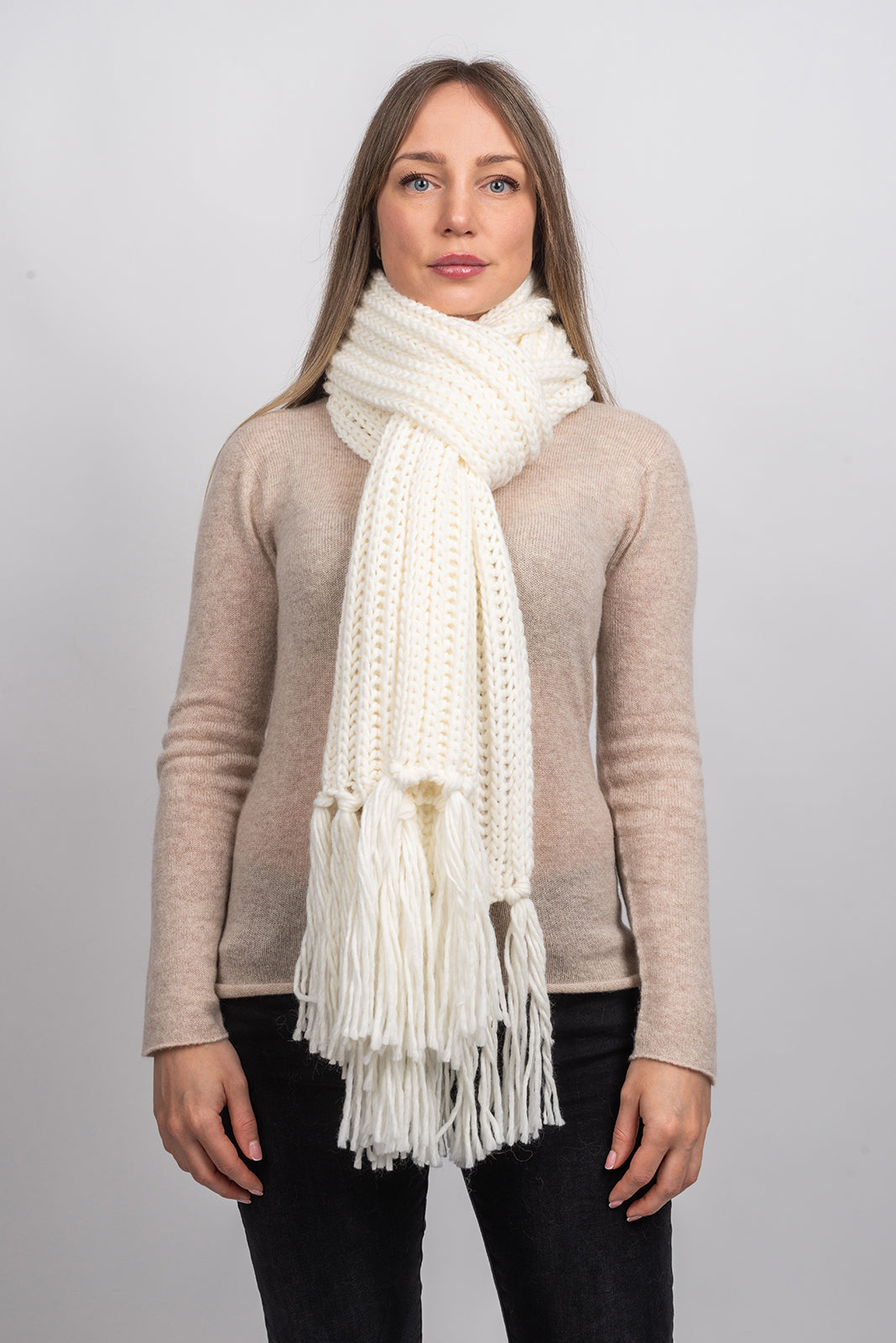 White Fisherman's Rib Scarf with Fringe, view 2