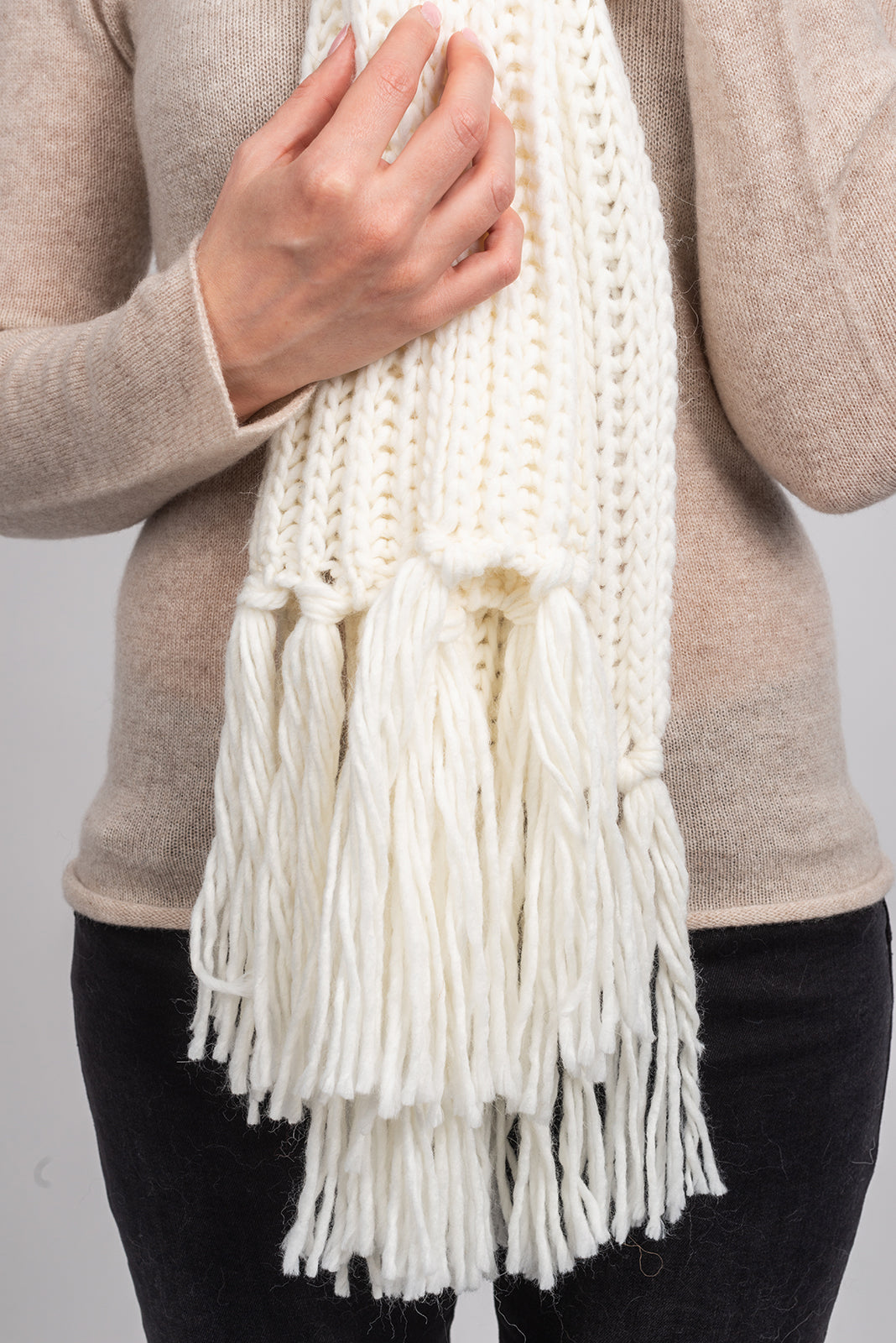 White Fisherman's Rib Scarf with Fringe, view 4