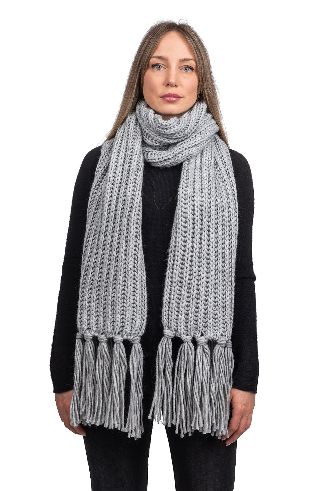 Gray Fisherman's Rib Scarf with Fringe