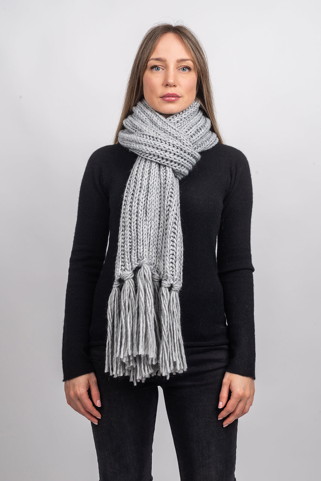 Gray Fisherman's Rib Scarf with Fringe, view 2