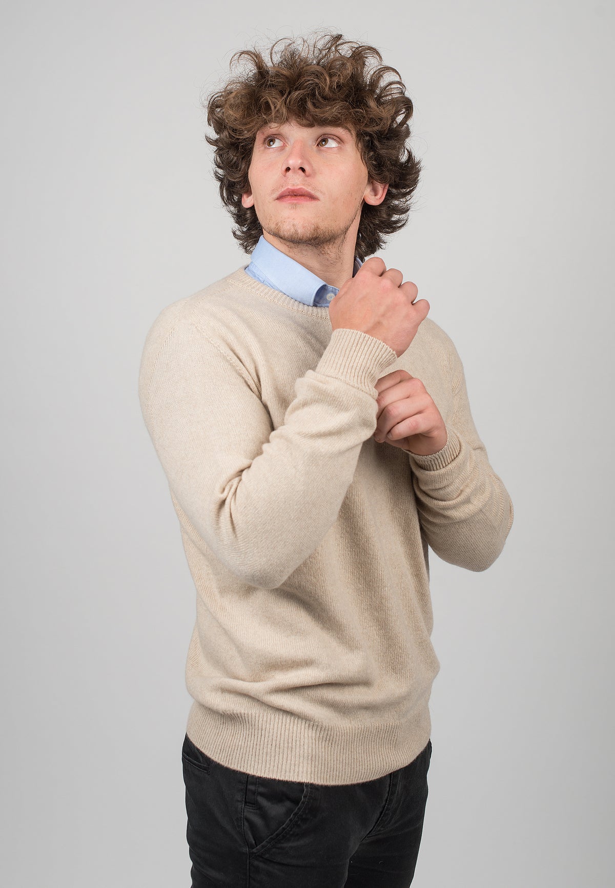 Beige Men's Recycled Cashmere Blend Crewneck, view 3