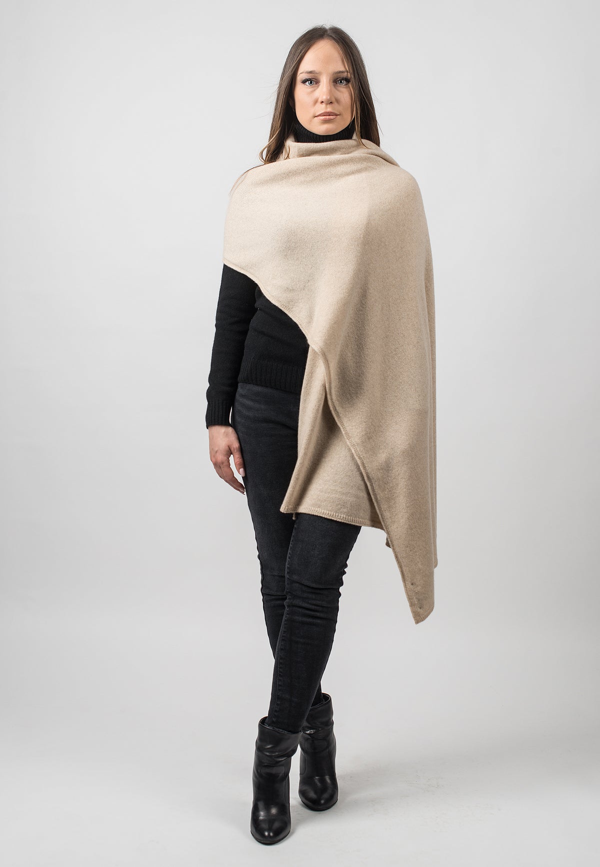 Beige Recycled Cashmere Blend Wrap, view 2