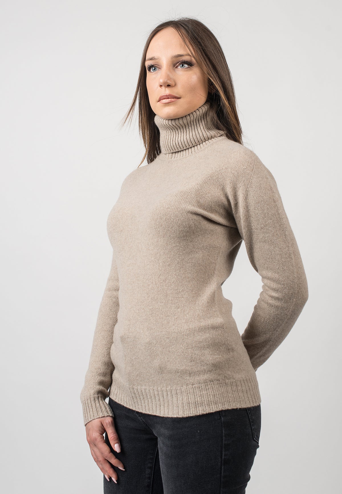 Beige Women's Recycled Cashmere Blend Turtleneck, view 2
