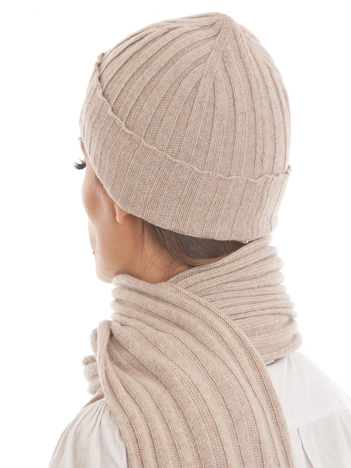 Beige Cashmere Blend Scarf and Beanie Set, view 2