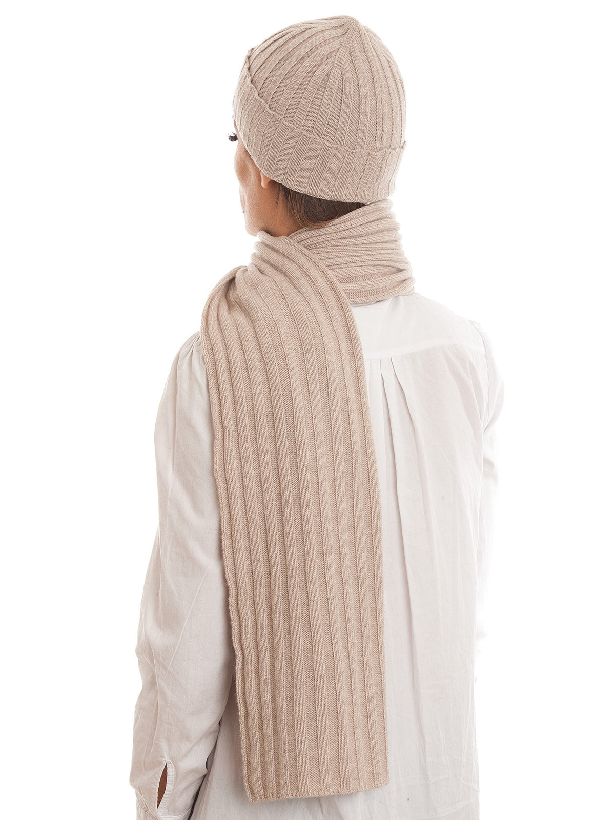 Beige Cashmere Blend Scarf and Beanie Set