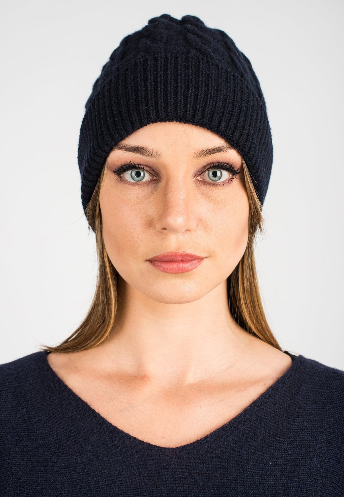Blue Cable-Knit Recycled Cashmere Blend Beanie