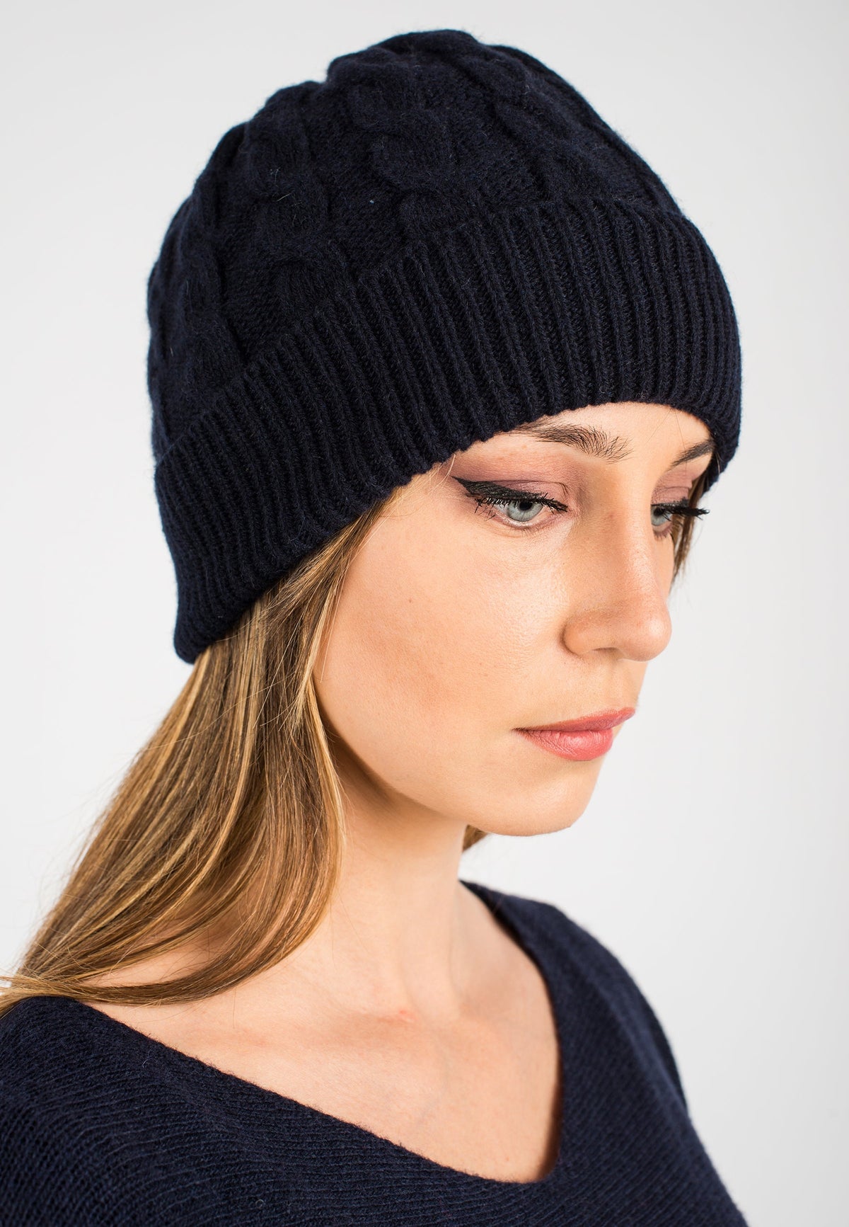 Blue Cable-Knit Recycled Cashmere Blend Beanie, view 2