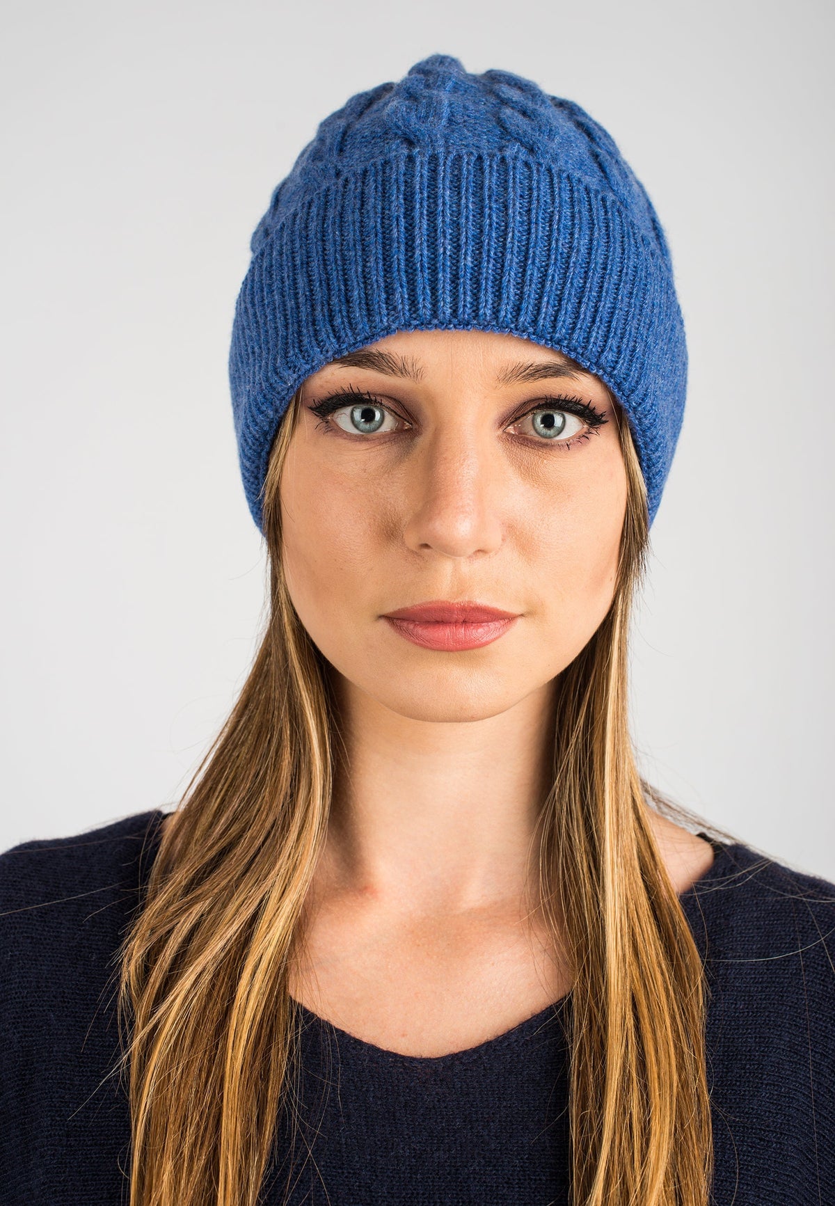 Light Blue Cable-Knit Recycled Cashmere Blend Beanie