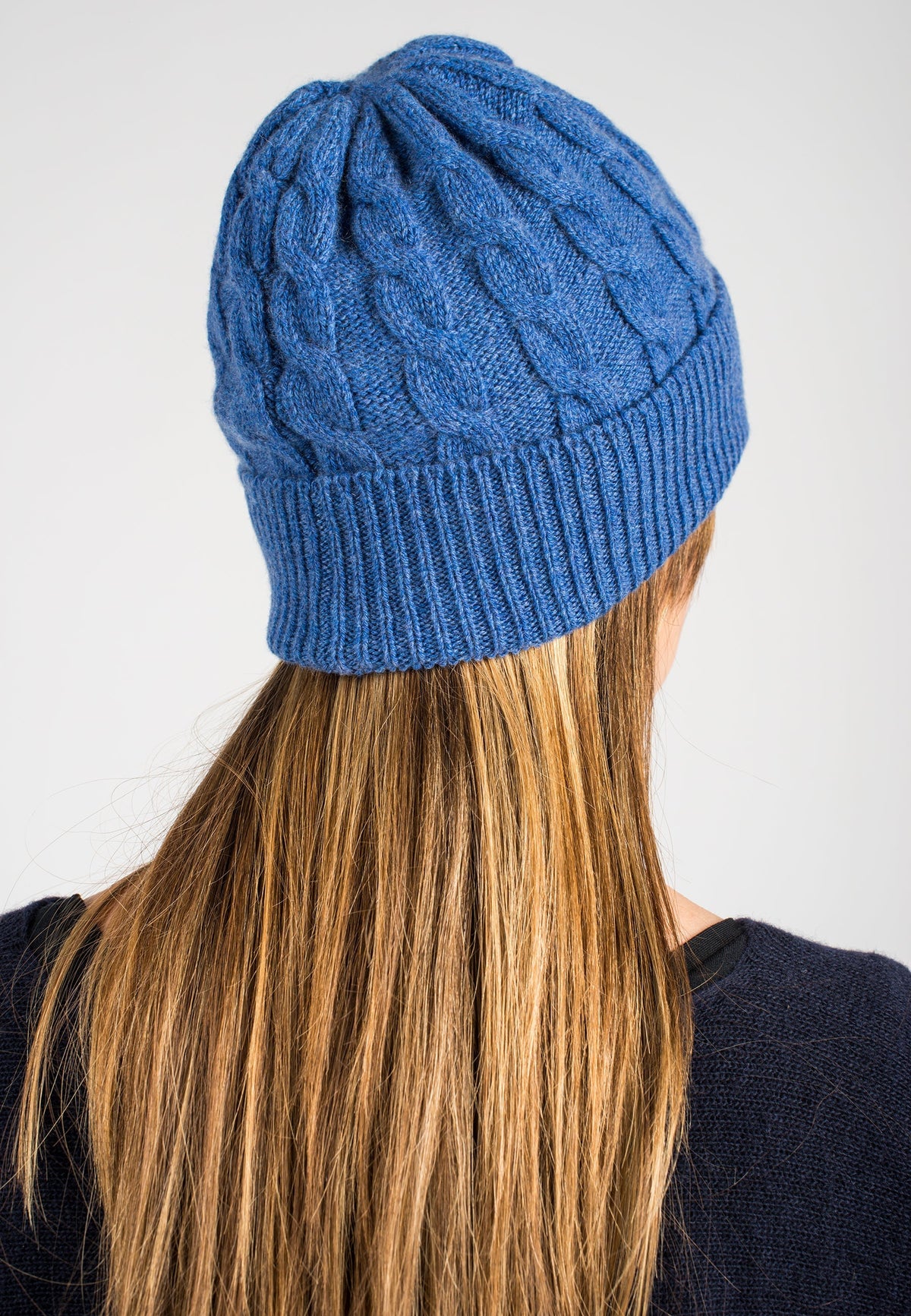 Light Blue Cable-Knit Recycled Cashmere Blend Beanie, view 3