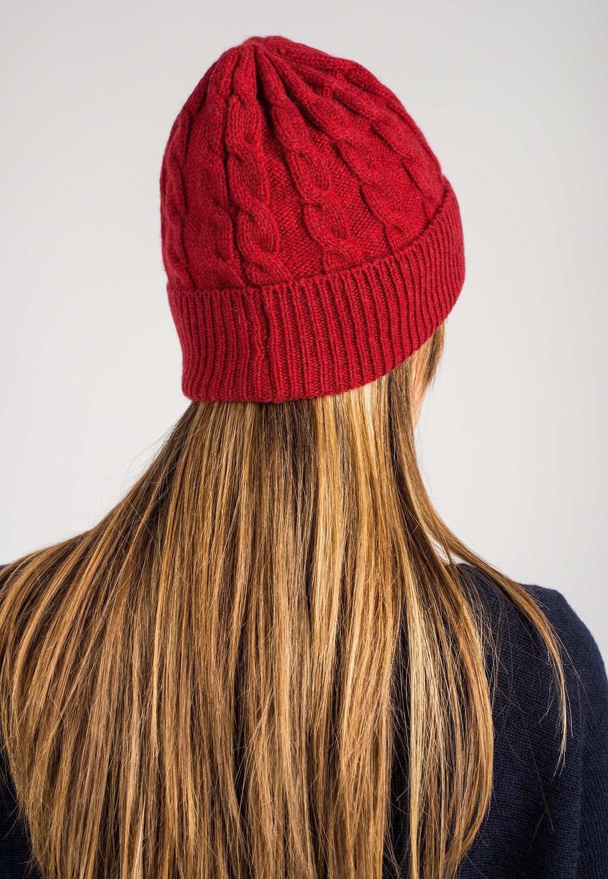 Red Cable-Knit Recycled Cashmere Blend Beanie, view 3
