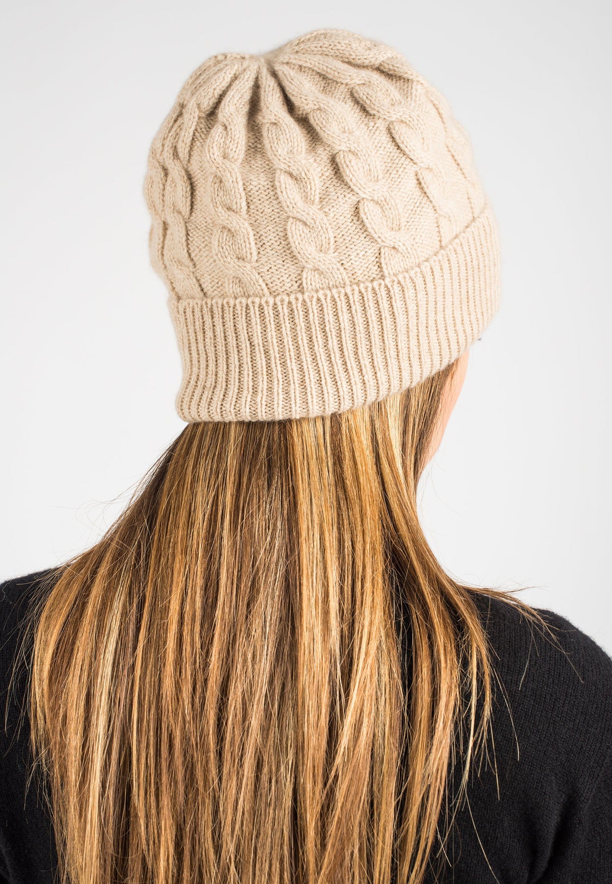 Beige Cable-Knit Recycled Cashmere Blend Beanie, view 3