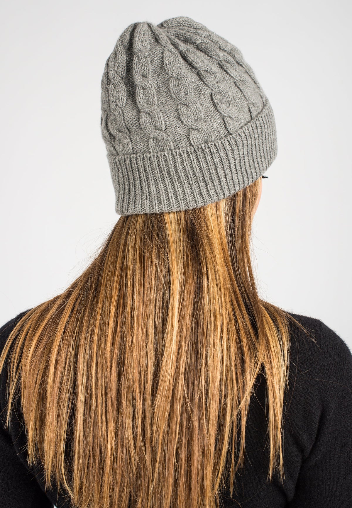 Gray Cable-Knit Recycled Cashmere Blend Beanie, view 3