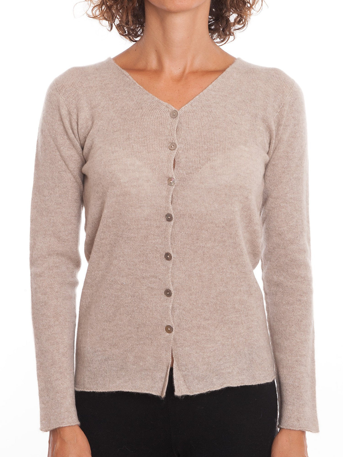 Beige Women's 100% Cashmere V-Neck Cardigan